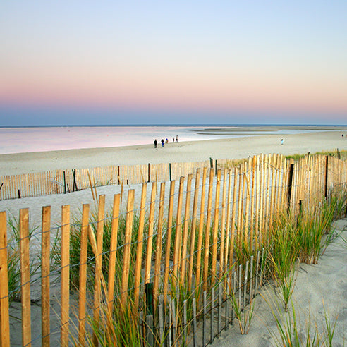 Cape Cod beach scene with wooden fence and grass, people in the distance