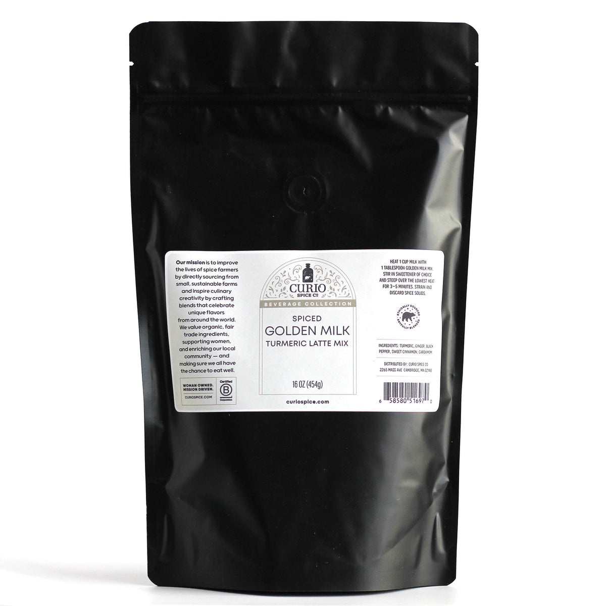 Back label of resealable bag of Spiced Golden Milk Turmeric Latte Mix.
