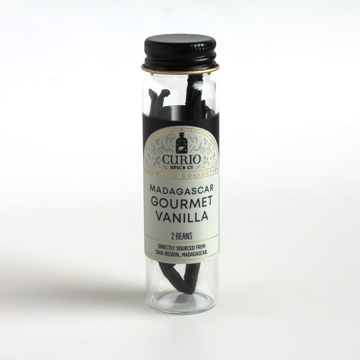 Curio Spice Co. Madagascar Gourmet Vanilla Bean Pods in a glass jar.