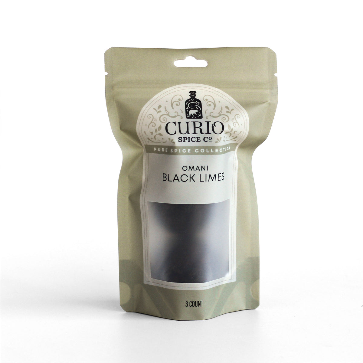 Curio Spice Co. fair-trade single origin sustainable Omani black limes in a resealable bag.