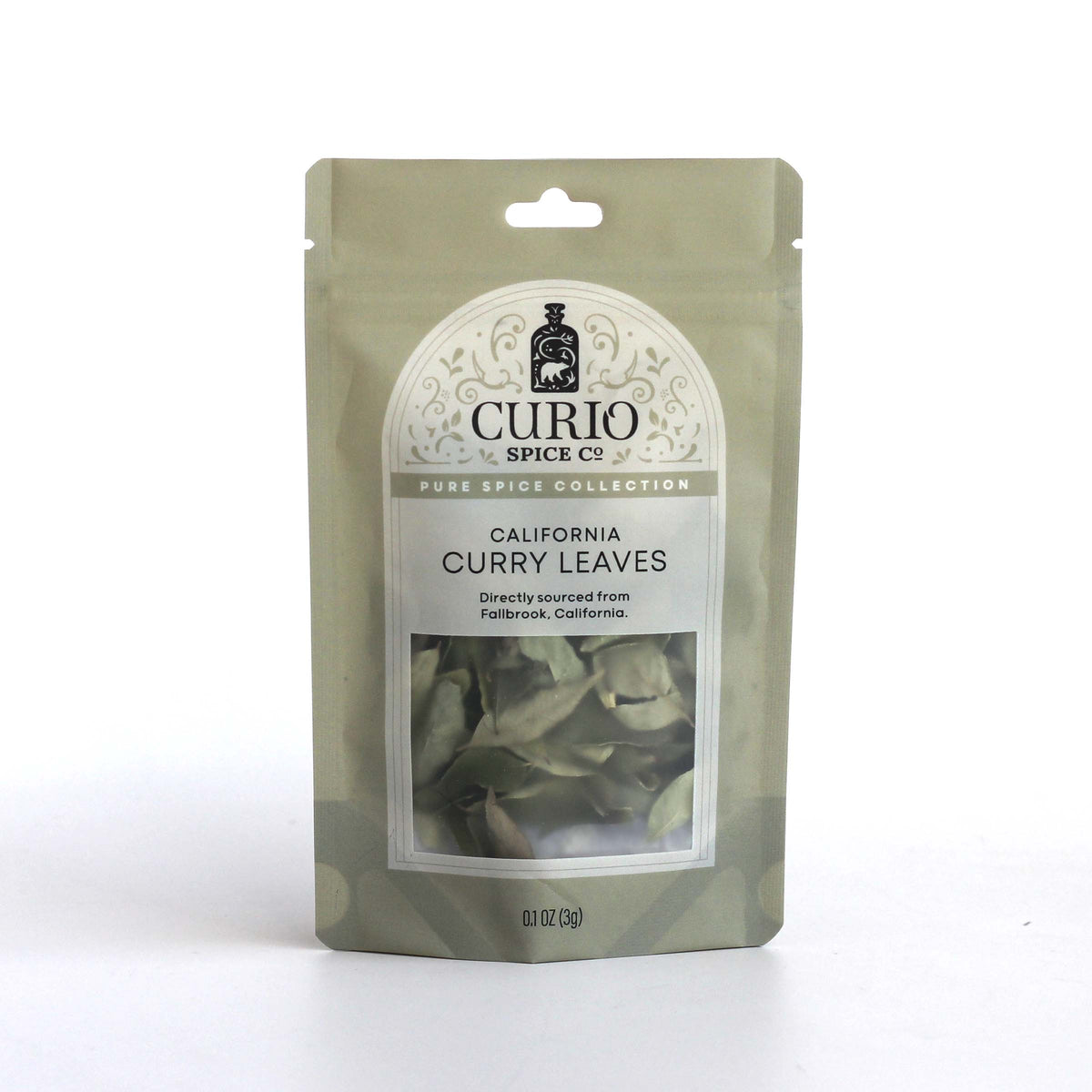 Resealable bag of California curry leaves, directly sourced from Fallbrook, CA.