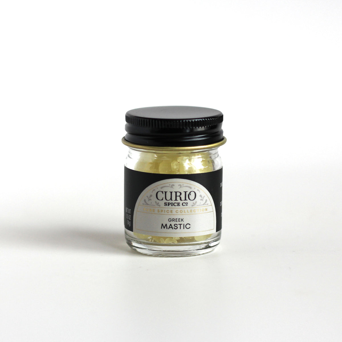 Curio Spice Co. fair-trade single origin sustainable Greek mastic tears in a glass jar.
