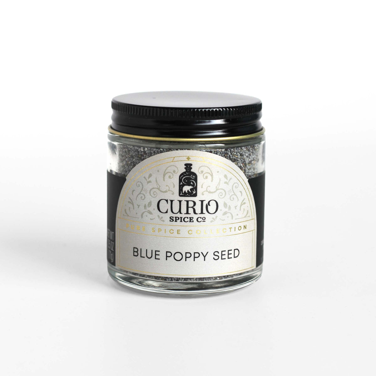 Curio Spice Co. fair-trade single origin sustainable blue poppy seed in a glass jar.