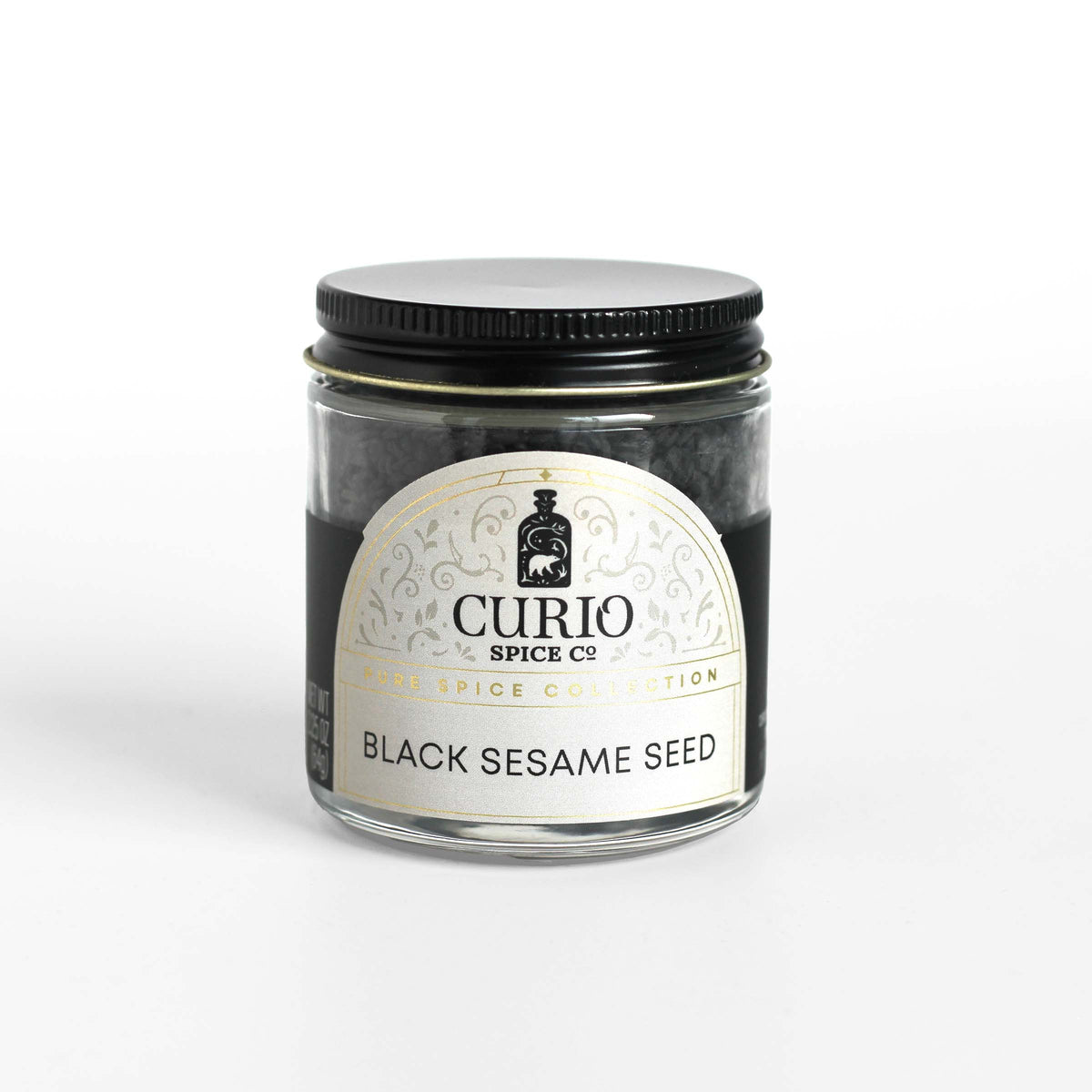 Curio Spice Co. fair-trade single origin sustainable black sesame seeds in a glass jar.